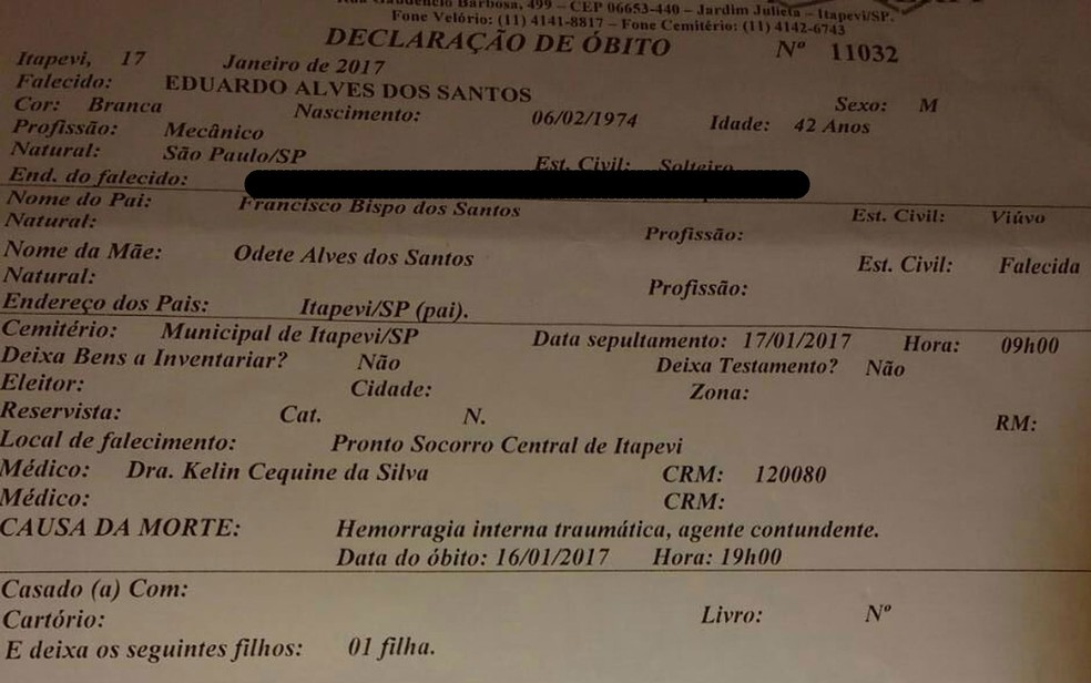 Declaração de óbito informa que causa da morte foi hemorragia interna traumática provocada por agente contundente (Foto: Glauco Araújo)