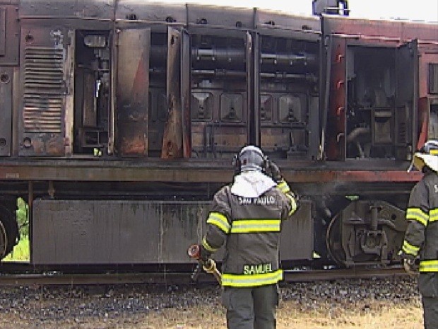 Bombeiros observam o local afetado pelas chamas (Foto: Reprodução TV Tem)