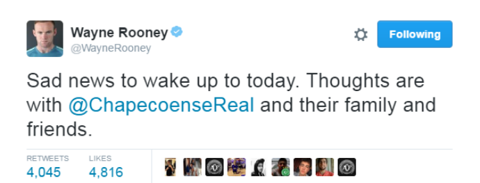 rooney lamenta acidente da chapecoense (Foto: Reprodução Twitter)