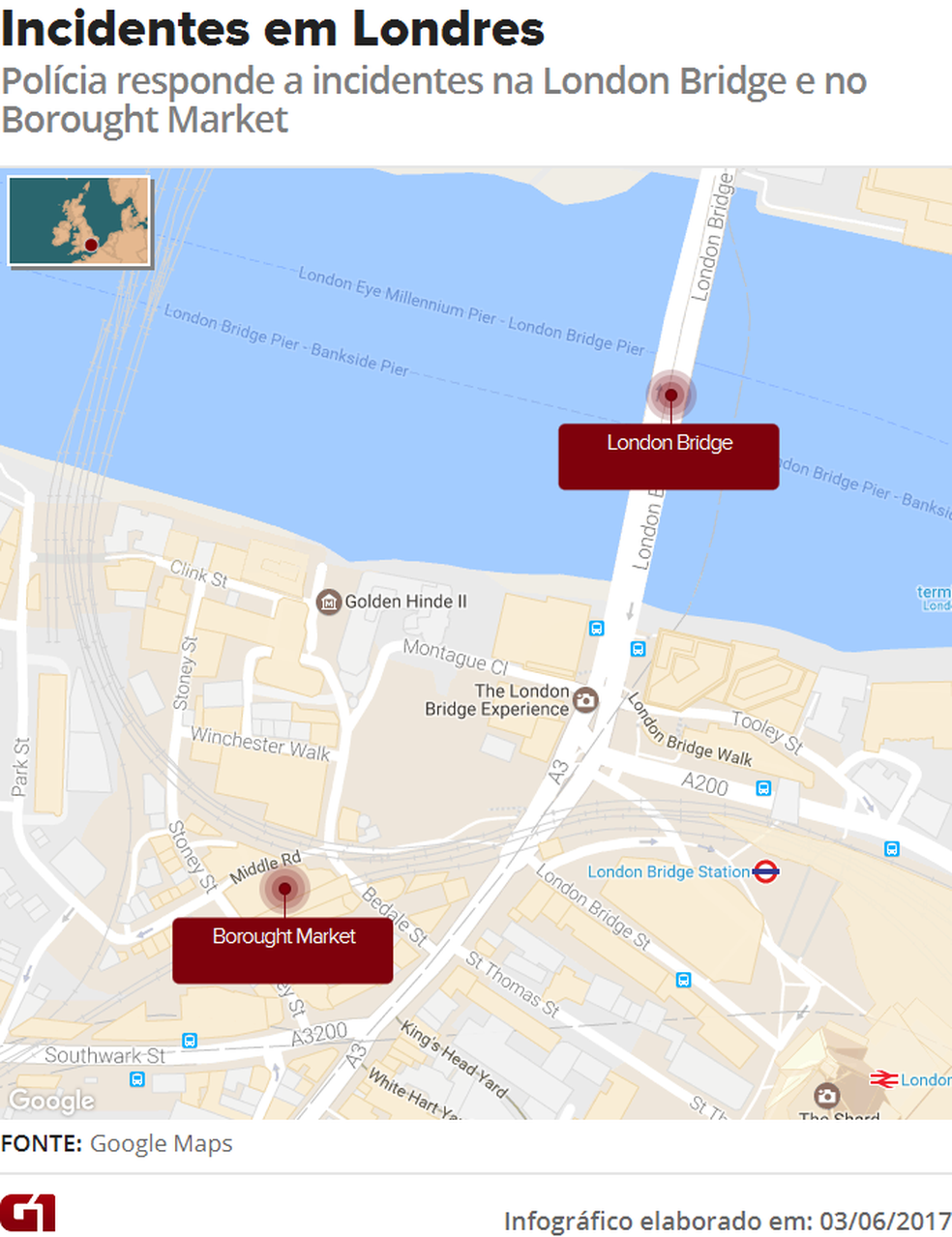 Mapa incidentes em Londres (Foto: G1 )