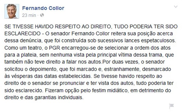 Collor critica no Facebook denúncia contra ele feita pela PGR (Foto: Reprodução / Facebook)