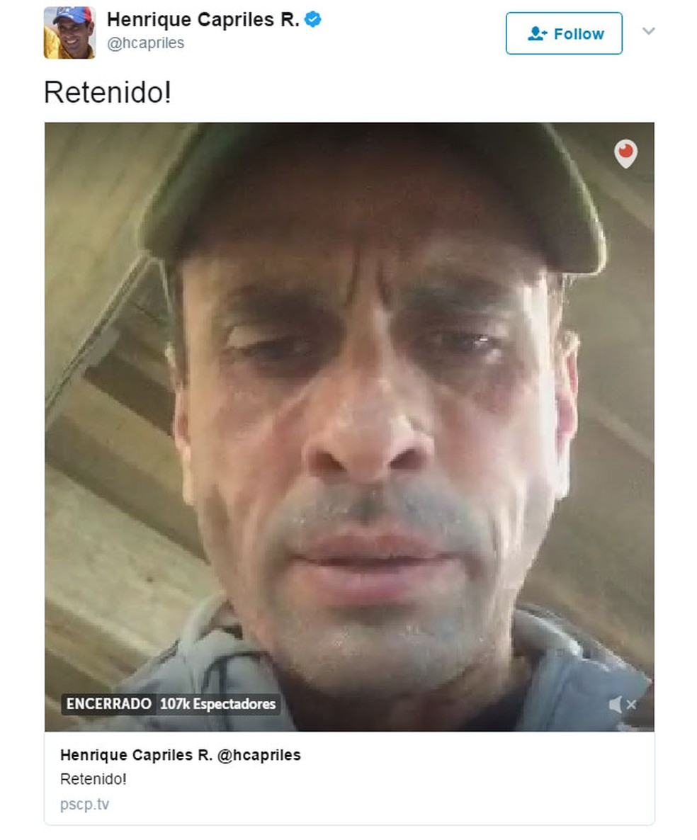 Henrique Capriles transmitiu vídeo pelo Periscope dizendo que seu passaporte foi cancelado (Foto: Reprodução/ Twitter/ Henrique Capriles)