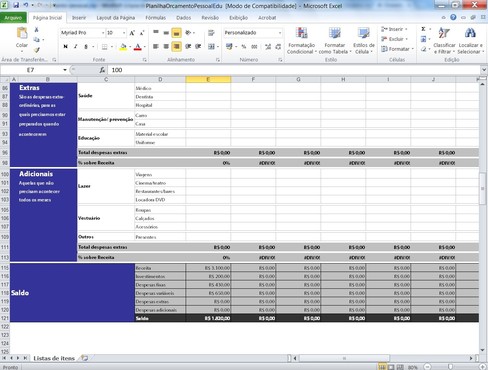 screenshot de Planilha de Orçamento Pessoal