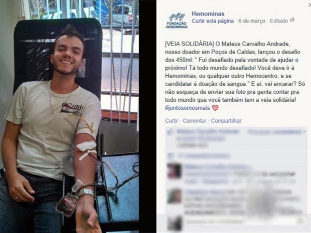 Universitário desafiou amigos a doar 450 ml de sangue ao invés de consumir bebida alcoólica (Foto: Reprodução Facebook)