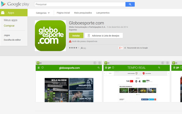 Aplicaivo do Globo Esporte pode ser baixado no Google Play para Android (Foto: Reprodução)
