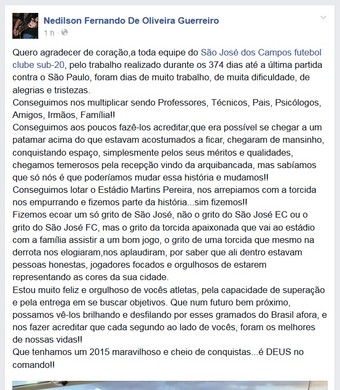 Nedílson Oliveira técnico São José dos Campos Copa São Paulo de Futebol Júnior (Foto: Reprodução/Facebook)