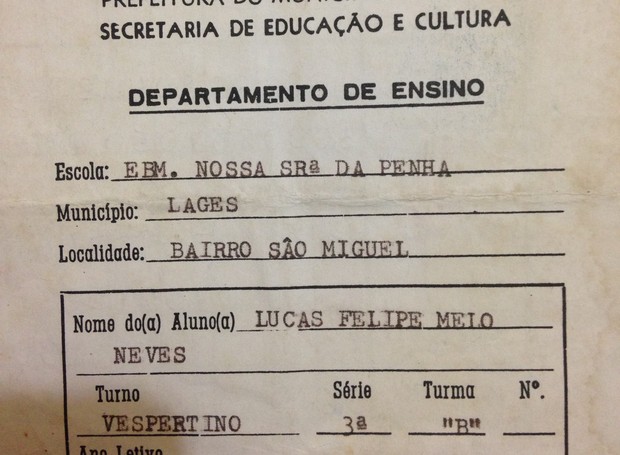 Boletim escolar de Lucas Neves (Foto: Lucas Neves/Arquivo pessoal)
