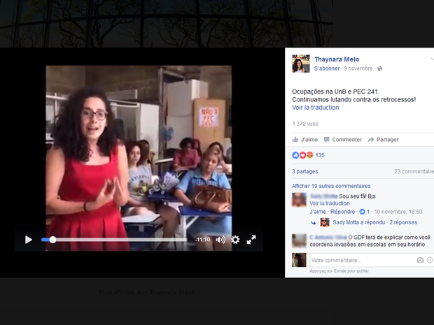 A servidora Thaynara Melo Rodrigues em um vídeo publicado em que mostra apoio a ocupações da Universidade de Brasília (UnB) contra a PEC do teto dos gastos (Foto: Reprodução)