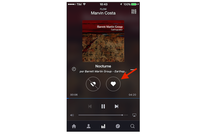 Marcando faixas preferidas no modo Flow do Deezer para iOS (Foto: Reprodução/Marvin Costa) Marcando faixas preferidas no modo Flow do Deezer para iOS (Foto: Reprodução/Marvin Costa)