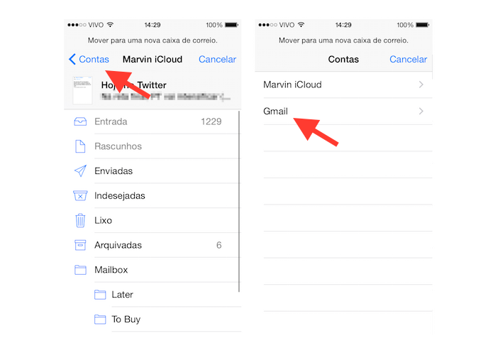 Determinando a conta para onde o e-mail será movido no Mail para iOS (Foto: Reprodução/Marvin Costa)