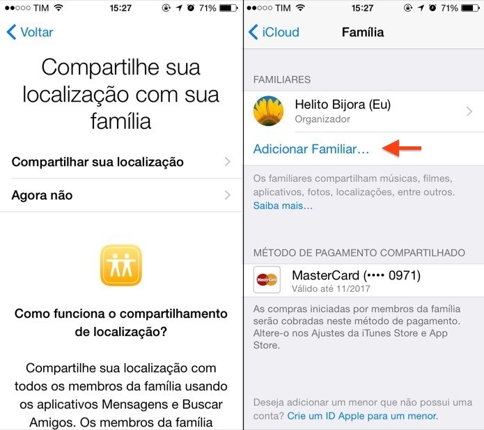 Compartilhamento familiar configurado (Foto: Reprodução/Helito Bijora)