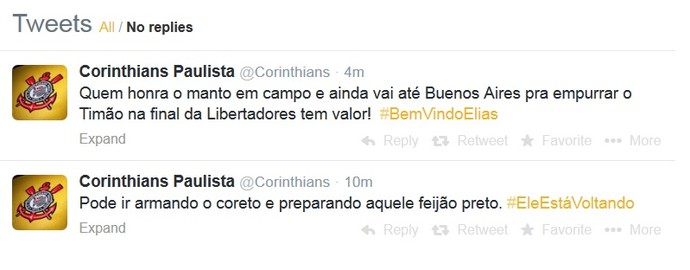 Corinthians anuncia volta de Elias pelo Twitter (Foto: Reprodução/Twitter)