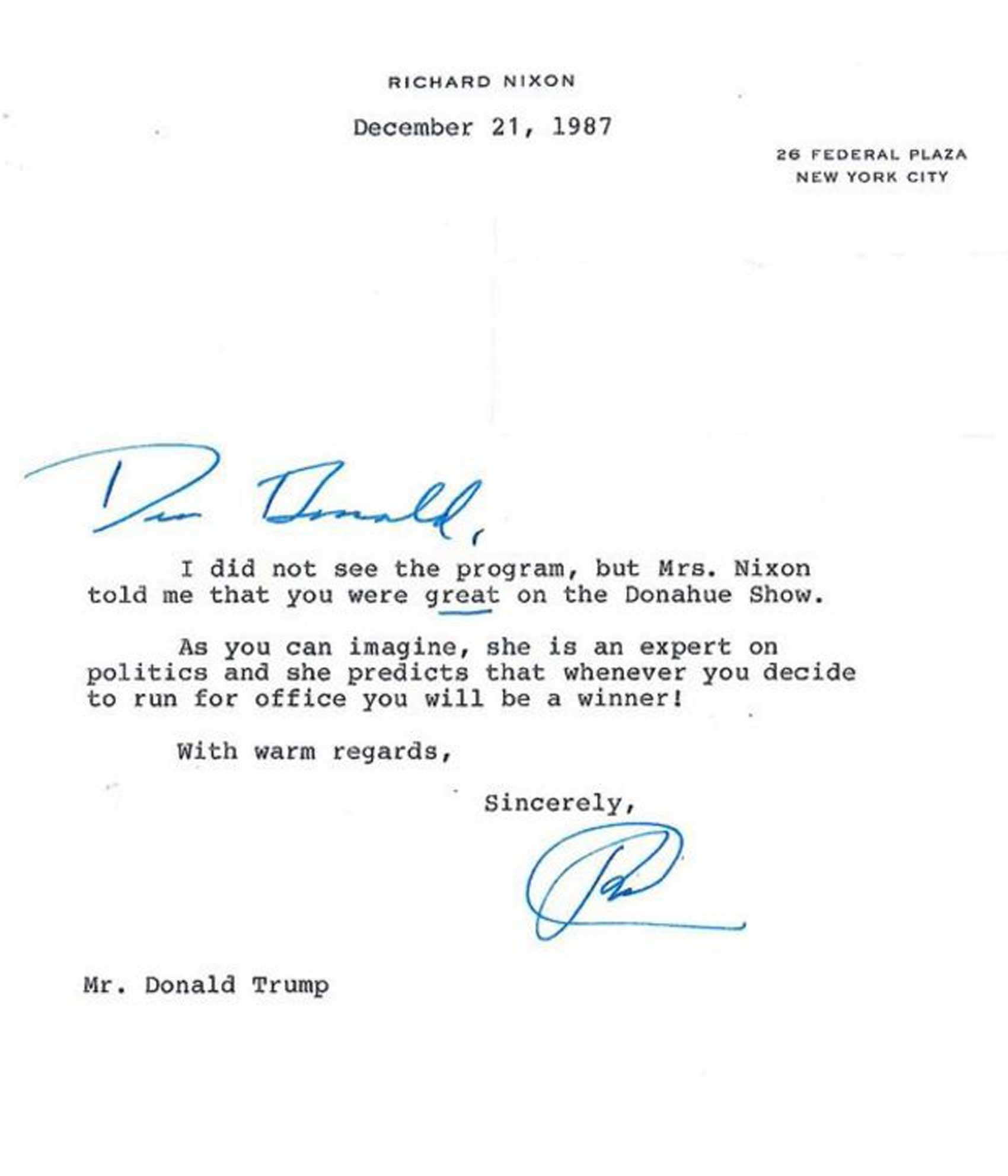Richard Nixon escreveu carta a Donald Trump em 1987  (Foto: Reprodução/ BBC)