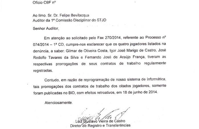 Documento enviado pela CBF ao STJD sobre os jogadores do Brasília (Foto: Reprodução/Site do Brasília)