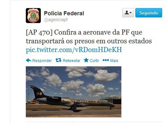 Polícia Federal publicou no Twitter imagem da aeronave que irá transportar os réus do mensalão para Brasília (Foto: Reprodução)