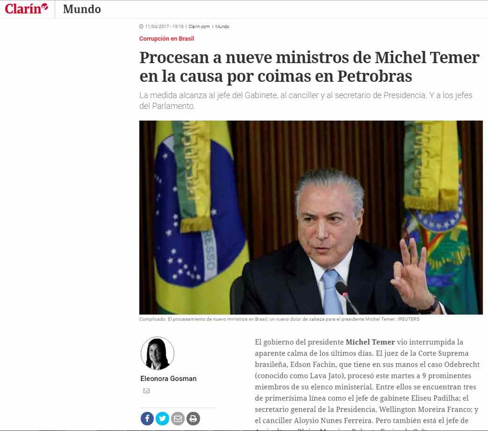Jornal argentino 'El Clarín' repercute lista de Fachin (Foto: Reprodução/ El Clarín.com)