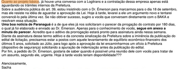 Trecho de e-mail de Sacha Reck sobre edital de Paranaguá (Foto: Reprodução)