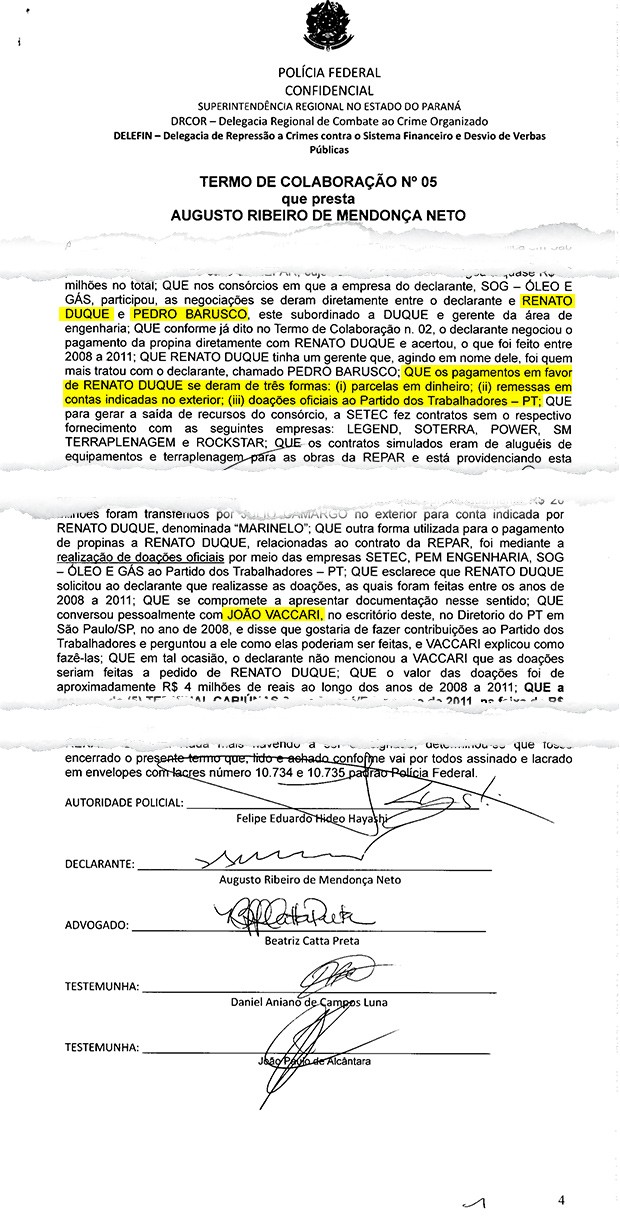 Trecho da delação premiada de Augusto Mendonça e Júlio Camargo, diretores da empreiteira Toyo, indicando o pagamento de propina no caso da Petrobras (Foto: Reprodução)
