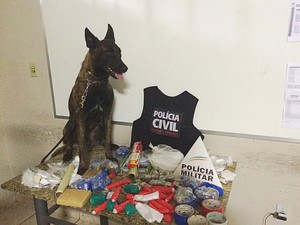 Com ajuda de um cachorro policial, material foi encontrado (Foto: Polícia Civil/Divulgação)