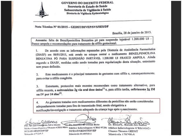 Circular da Secretaria de Saúde do Distrito Federal com orientações sobre medicamentos a partir da falta do Benzetacil (Foto: Secretaria de Saúde/Reprodução)