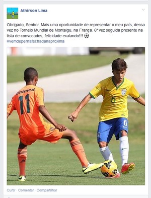 Acreano Athirson Lima, lateral-esquerdo do Flamengo, comemora 6ª convocação para seleção sub-15 (Foto: Reprodução/Facebook)