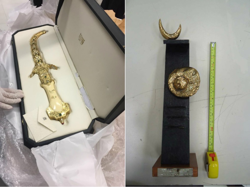 Agada (à esq.) e escultura atribuída a Joan Miró (dir.); a última, presente do princípe das Astúrias a Lula (Foto: Polícia Federal/Arquivo)