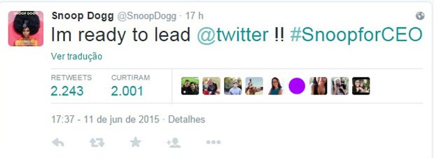 &#39;Estou pronto para liderar o Twitter&#39;, escreve o rapper Snoop Dogg, após Dick Costolo anunciar que deixará cargo de CEO em julho. (Foto: Reprodução/Twitter)