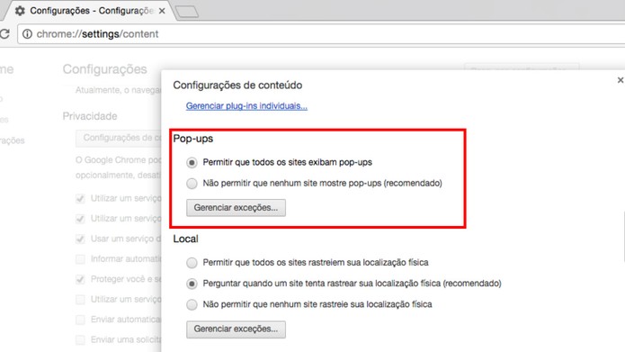 Permitindo a exibição de pop-ups no Google Chrome (Foto: Reprodução/Camila Peres) Permitindo a exibição de pop-ups no Google Chrome (Foto: Reprodução/Camila Peres)