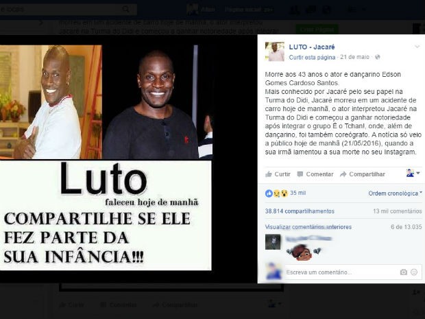 Notícia falsa da morte de Jacaré foi postada em rede social (Foto: Reprodução/Facebook)
