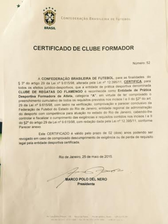 certificado clube formador flamengo (Foto: Divulgação)