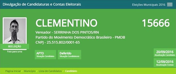 Clementino era candidato à reeleição em Serrinha dos Pintos (Foto: Reprodução/TSE)