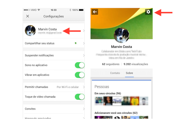 Acessando as configurações de perfil do Google+ através do Hangouts para iOS (Foto: Reprodução/Marvin Costa)