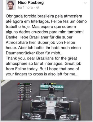 Nico Rosberg agradeceu o apoio da torcida no GP do Brasil de Fórmula 1 (Foto: Reprodução/Facebook)