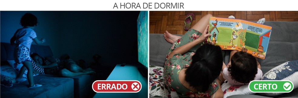 A hora de dormir - Em cena dramatizada, pais mostram duas formas de lidar com a questão. (Foto: Marcelo Brandt/G1)