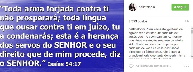 Bella Falconi posta em defesa de acusações (Foto: Reprodução/Instagram) Bella Falconi posta em defesa de acusações (Foto: Reprodução/Instagram)