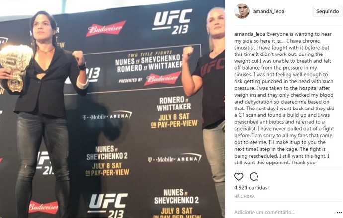 Amanda Nunes postagem UFC 213 (Foto: Reprodução Instagram)