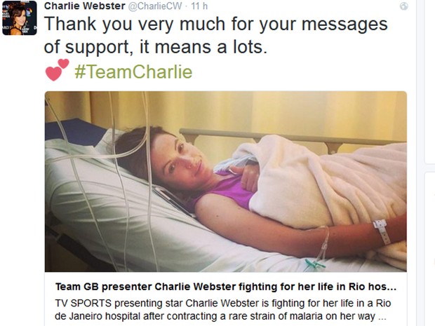 Apresentadora britânica Charlie Webster postou uma foto em uma rede social e agradeceu as mensagens de apoio (Foto: Reprodução / Twitter)