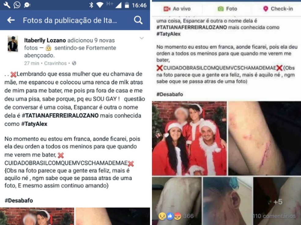 Dois dias antes de morrer, Itaberli postou no Facebook texto com fotos após ser agredido pela mãe (Foto: Reprodução/Facebook)
