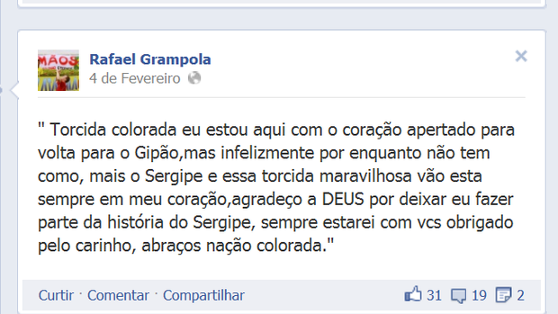 Via internet, Grampola já manifestou desejo de voltar ao Sergipe (Foto: Reprodução/Facebook)