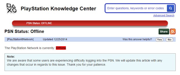 Site de suporte do PlayStation aponta que PSN seguia offline nesta sexta-feira (26) (Foto: Reprodução/PlayStation)