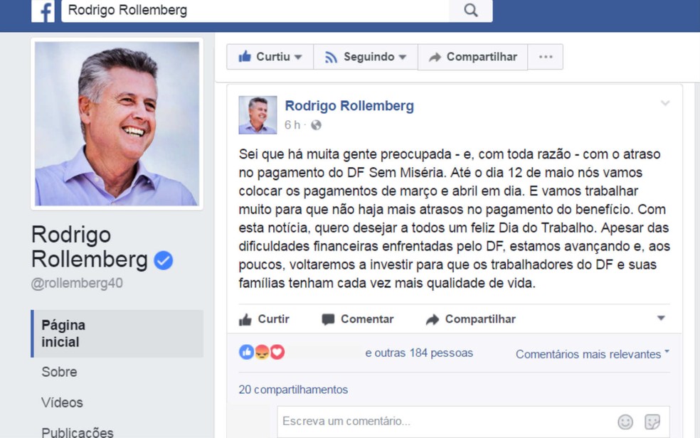 Postagem de Rollemberg sobre o DF sem Miséria, em rede social (Foto: Facebook/Reprodução)