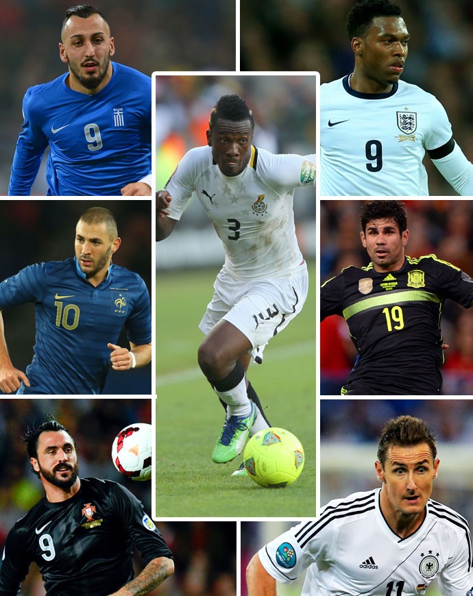 MONTAGEM - Asamoah Gyan Sturridge Klose Mitroglou Benzema Hugo Almeida Diego Costa (Foto: Editoria de arte)