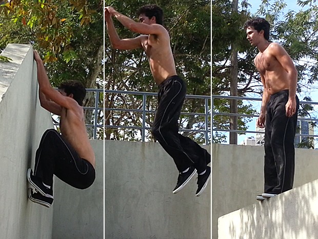 Gabriel Falcão salta de um muro para outro durante treino (Foto: Malhação / TV Globo)