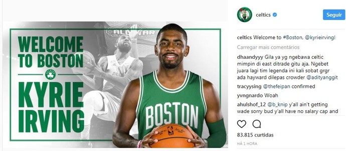Após confirmação do acordo, Kyrie Irving aparece com o uniforme dos Celtics nas redes sociais do time (Foto: Reprodução/Instagram)