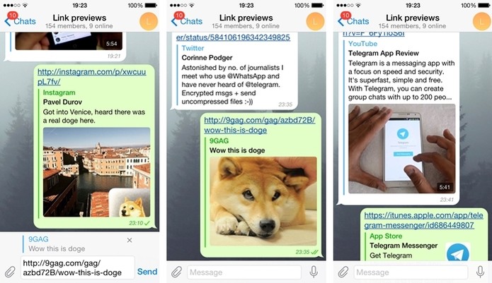 Pré-visualização de links funciona com YouTube, Facebook e outros (Foto: Reprodução/Telegram) Pré-visualização de links funciona com YouTube, Facebook e outros (Foto: Reprodução/Telegram)