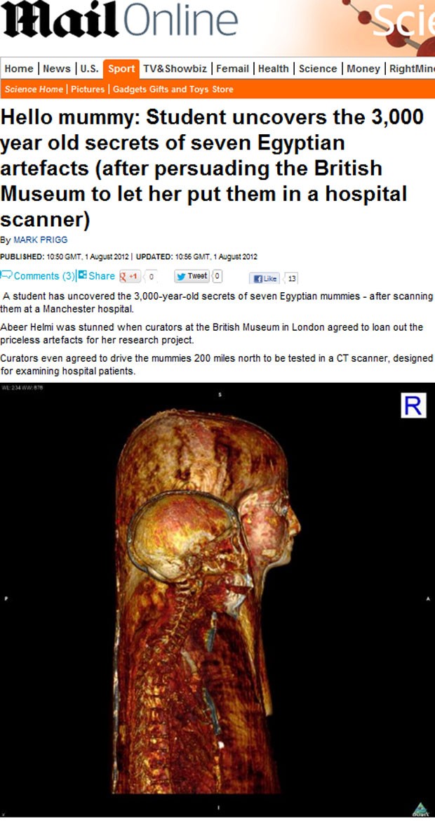 Imagem mostra uma das múmias analisadas por pesquisadores britânicos durante procedimento de ressonância magnética. (Foto: Reprodução/Daily Mail)
