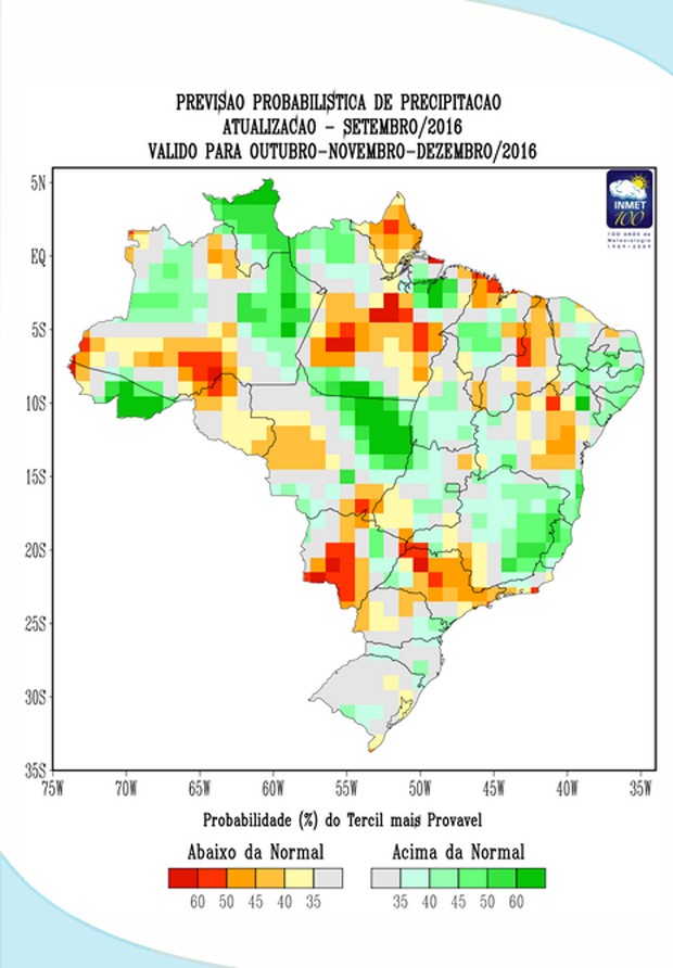 Mapa mostra a previsão de chuvas para os próximos três meses no Brasil (Foto: Inmet/Reprodução)