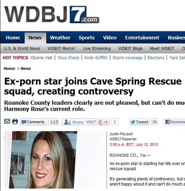 Reportagem da TV local trata da controvérsia causada pela presença da ex-atriz pornô na equipe de resgate de Cave Spring (Foto: Reprodução)