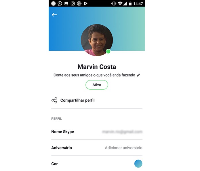 Opções para editar o perfil do Skype no Android (Foto: Reprodução/Marvin Costa) Opções para editar o perfil do Skype no Android (Foto: Reprodução/Marvin Costa)