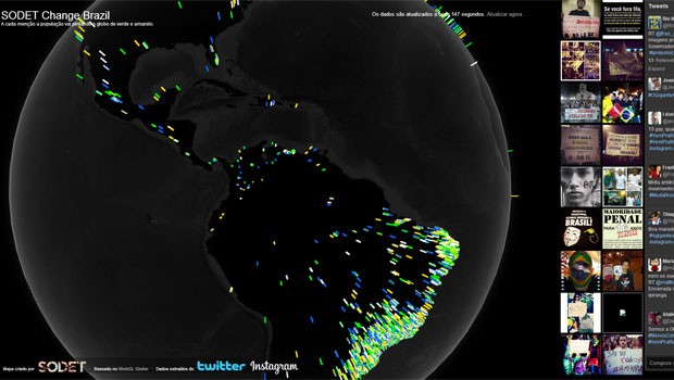 Mapa mundi de hashtags de protestos, compatível com o navegador Google Chrome, pode ser movimentado e ampliado com o mouse. (Foto: Reprodução/Sodet)